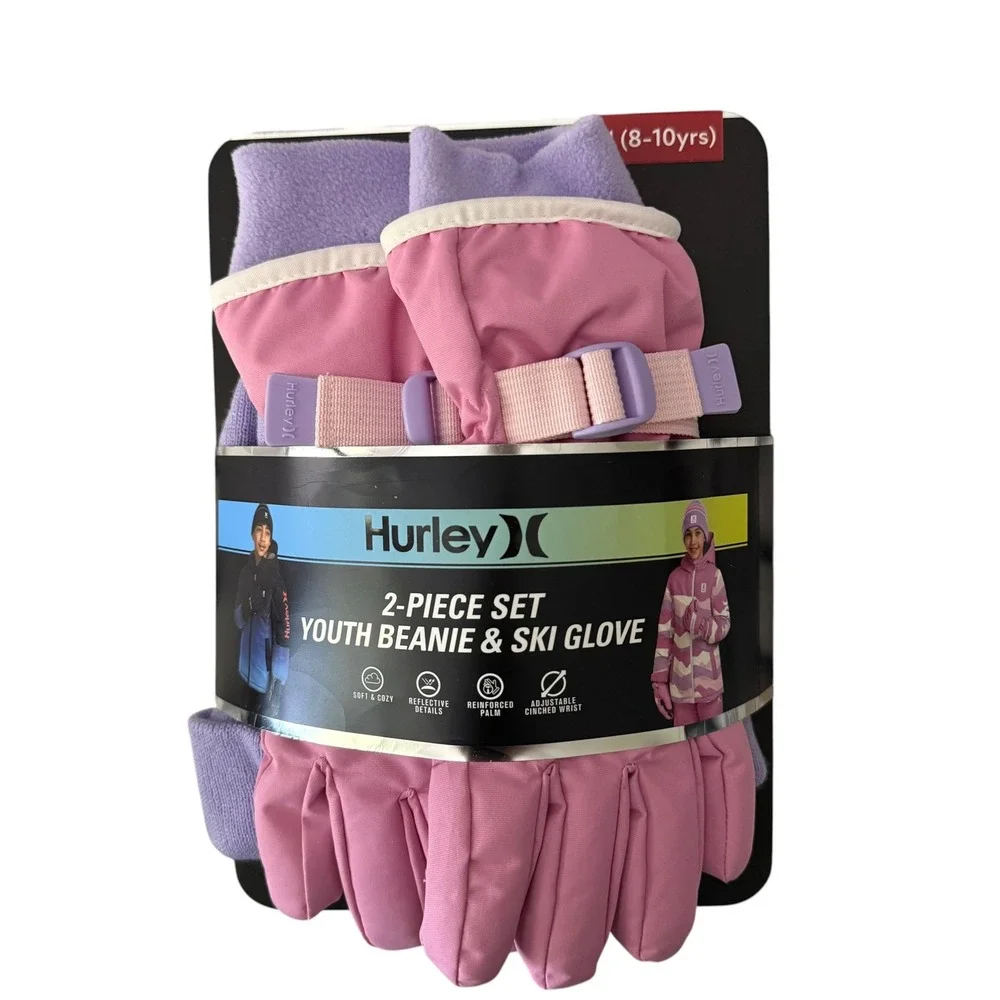 Hurley Youth Beanie & Ski Gloves 2-pc Winter Set Pink M 8-10 NWT